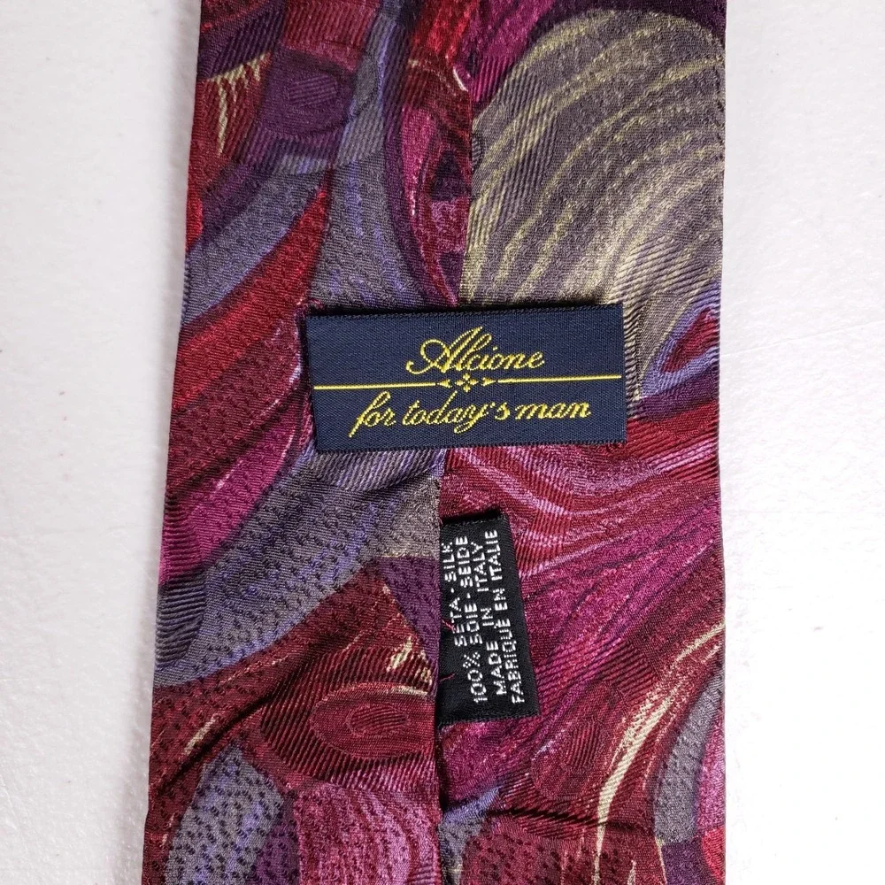 Alcione Silk Necktie Bold Abstract Pattern Burgundy Purple Made‎ In Italy